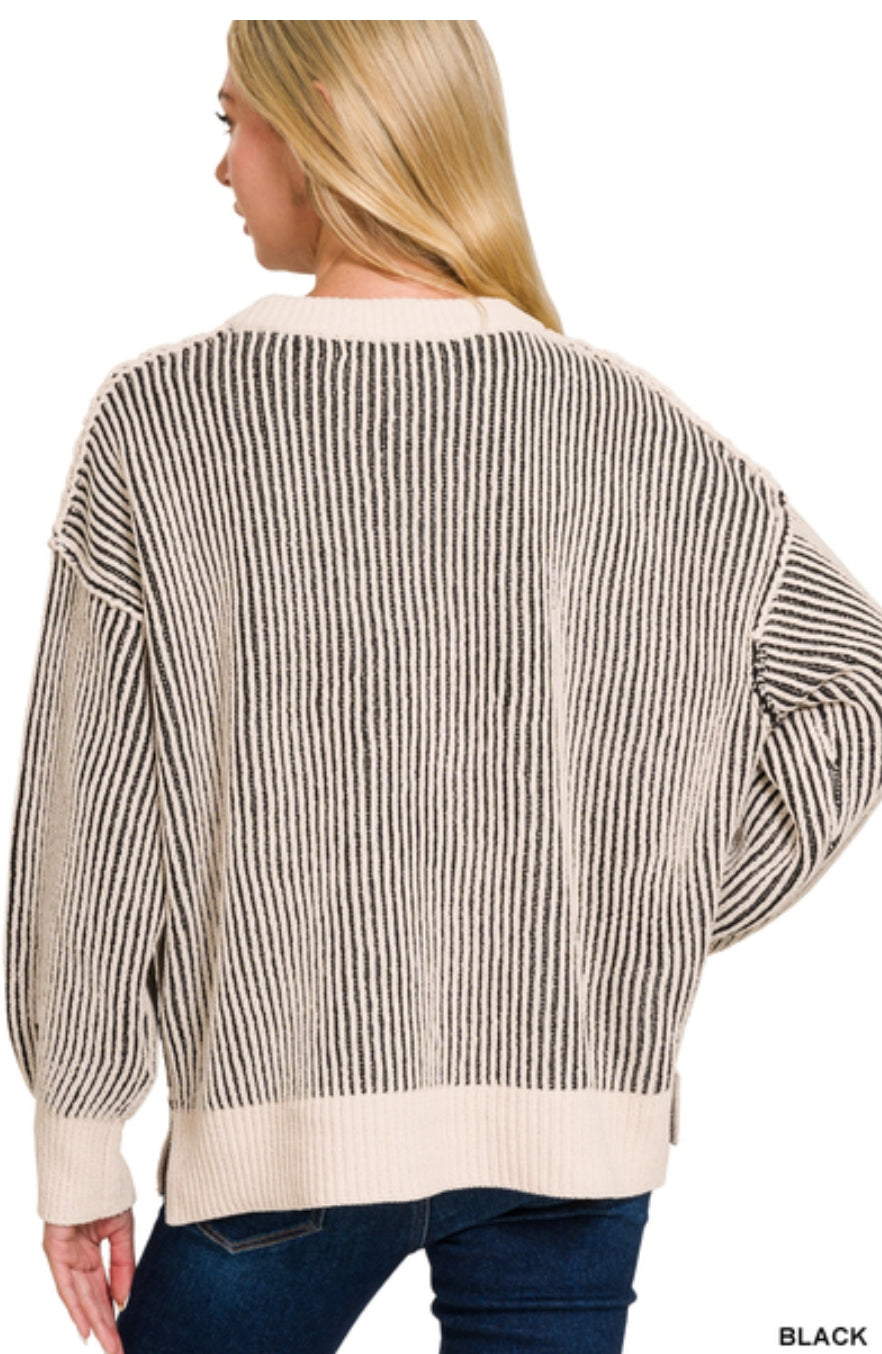 Black Stripe Two Tone Crewneck Sweater