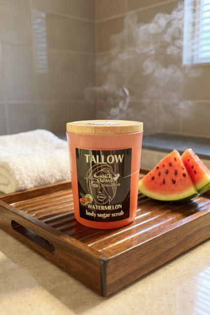 π Grass-Fed Tallow Watermelon Body Sugar Scrub β Juicy Glow, Farm Fresh Hydration
