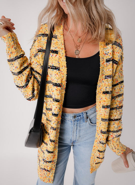 Striped Pom Pom Knit Open Front Long Cardigan