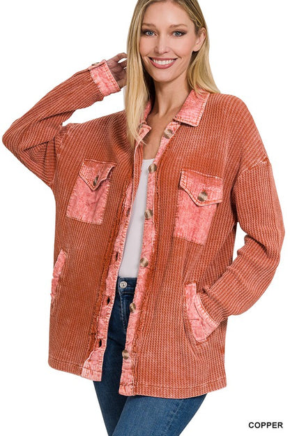 Cotton Waffle Acid Wash Shacket