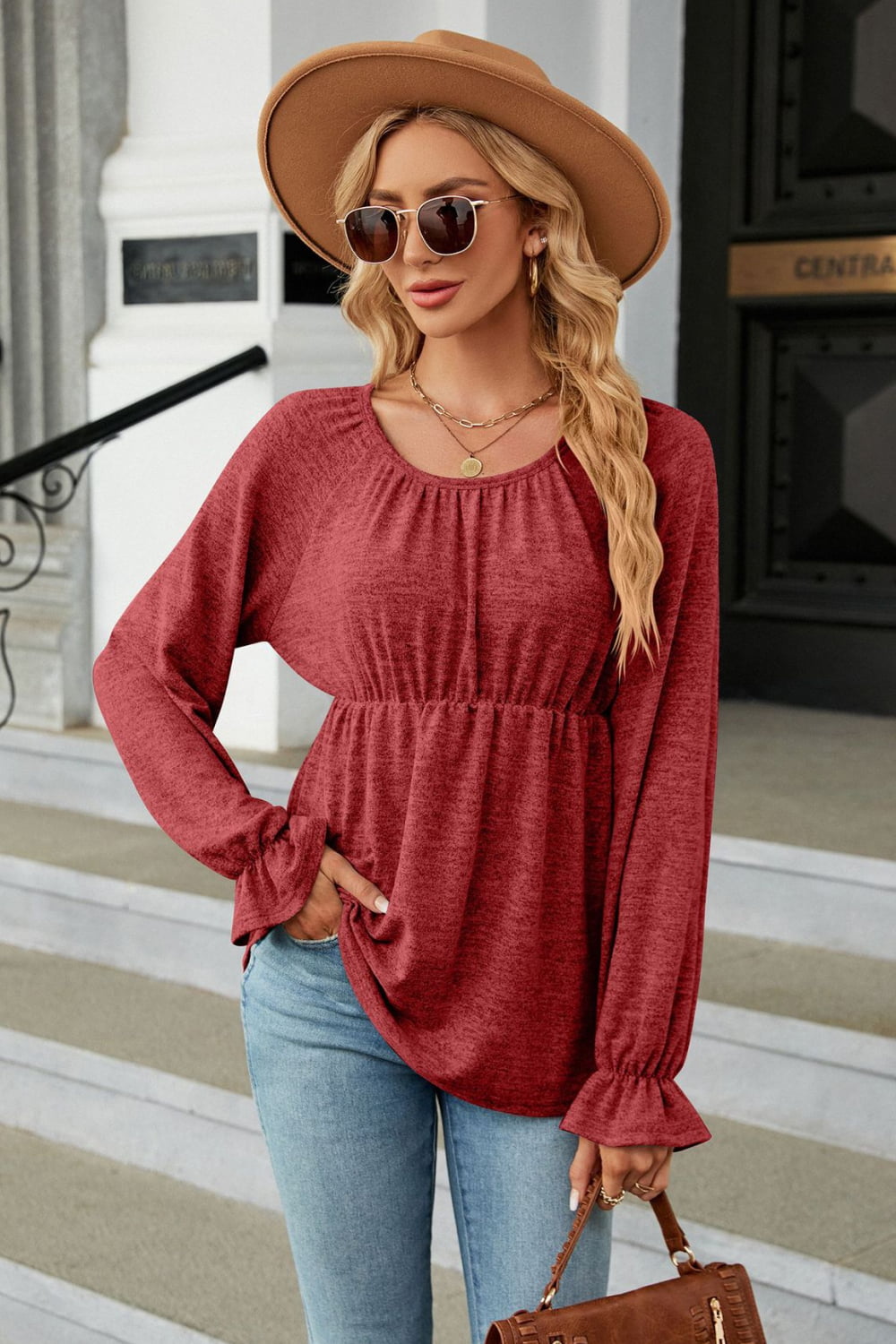 Round Neck Flounce Sleeve Blouse