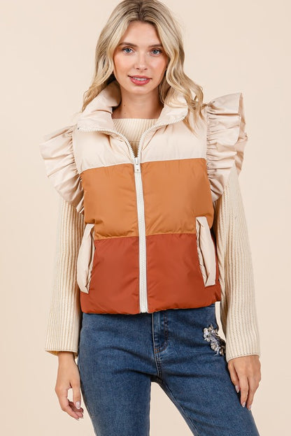 Color Block Ruffle Trim Puffer Vest