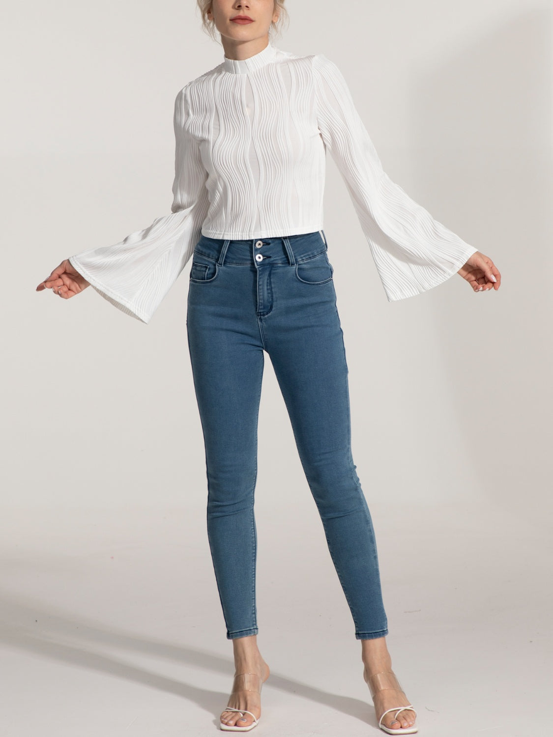 IZURIA Mock Neck Flare Sleeve Cropped Top