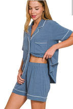 Short Sleeve Button Down Shirt & Shorts Blue Pajamas