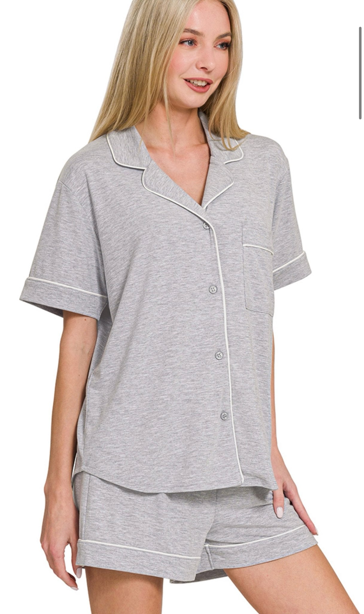 Short Sleeve Button Down Shirt & Shorts Grey Pajamas