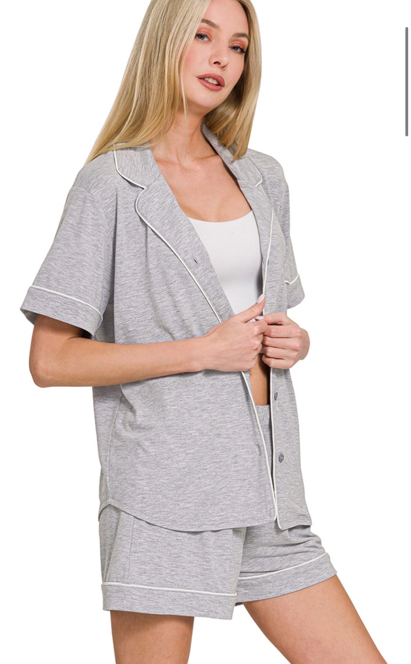 Short Sleeve Button Down Shirt & Shorts Grey Pajamas