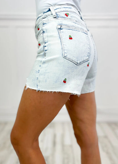 Judy Blue High Waisted Cherry Embroidery Acid Wash Jean Short