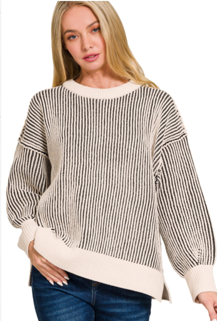 Black Stripe Two Tone Crewneck Sweater