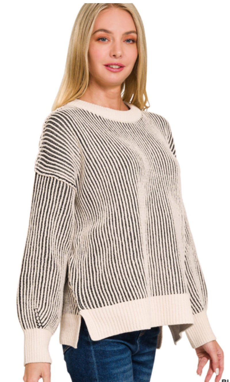 Black Stripe Two Tone Crewneck Sweater