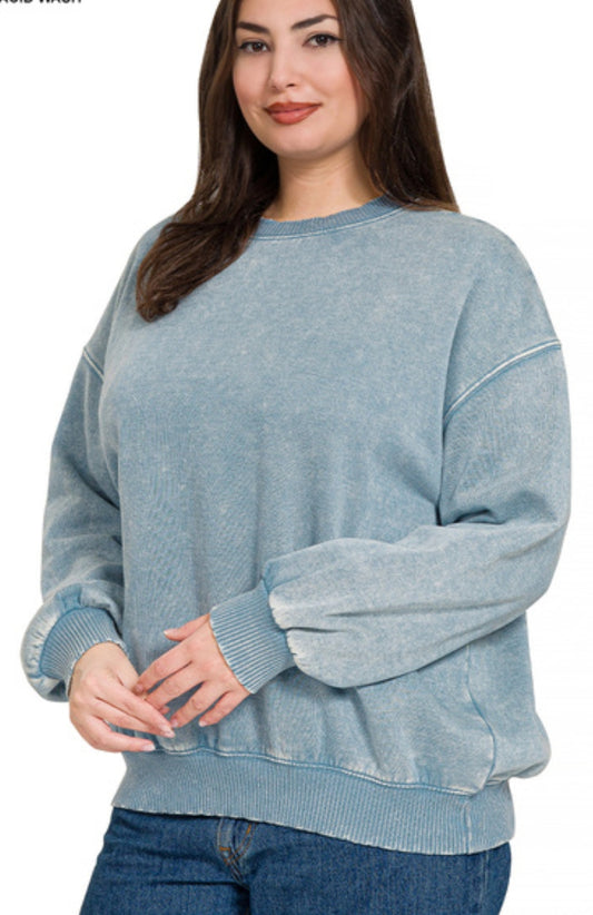 PLUS ACID WASH FLEECE OVERSIZED PULLOVER