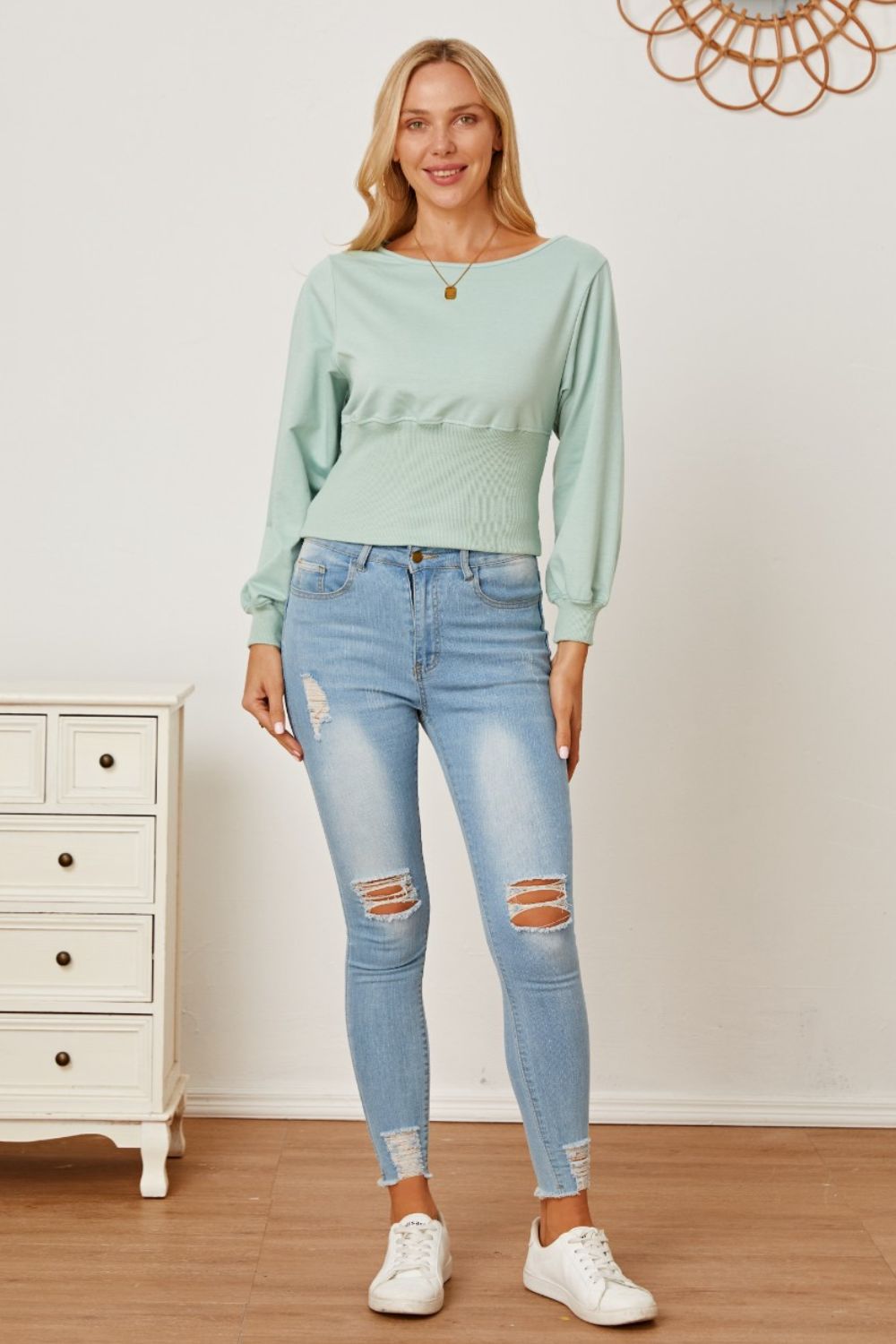 Boat Neck Lantern Sleeve Blouse