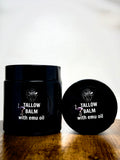 Black jar and lid of tallow balm with emu oil on a wooden surface